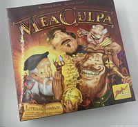Front of the game box showing the title 'Mea Culpa' with humorous illustrated characters linked to game roles and themes