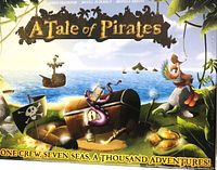 Front cover of the A Tale of Pirates board game showing pirate-themed colorful artwork with ocean, pirate ships, treasure chest with an octopus, and an island in the background.