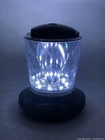 Single black-based camping lamp illuminated showing white LED lights inside transparent body.
