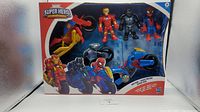 Front view of the Marvel Super Hero Adventures boxed set showing three action figures and the blue motorcycle toy.