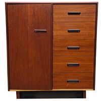 Front full view of the chest showing wood finish, single door on left and five drawers on right side.