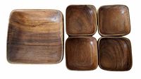 Top view showing one large and four smaller wooden bowls with square, rounded corner shapes and visible wood grain.