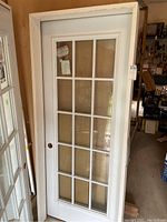 Full view of the white framed glass door showing 15 rectangular glass panels and door frame.