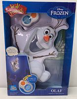 Front view of Olaf interactive wall character in original packaging, showing Olaf figure, remote and packaging graphics