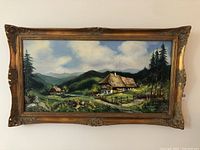 Full view of the signed oil painting showing the entire German farm scene in the ornate frame.