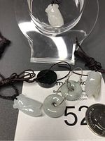 Photo showing several Burma jade pendants including carved cicadas and round shapes with brown rope chains on a black background.