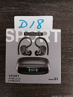 Front of the box showing image of earbuds with earhooks and charging case with LED battery display. Model i21 labeled.