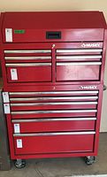 Front view of full Husky two-piece rolling tool chest on casters