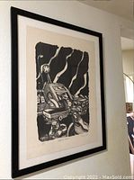 Framed black and white mounted print titled "Tropic Groove" showing vintage cars and human figures.