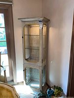 Tall wooden display cabinet in corner with glass shelves and lighted upper compartment, lower section has wire mesh door.