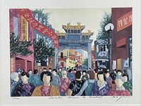 Close-up of the colourful watercolour print showing a crowded street scene of Montreal's Chinatown with people and traditional Asian architecture.