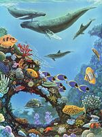 Close-up view of the lithograph showing whales, dolphins, colorful reef plants, and diverse fish species underwater.
