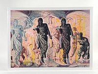 Full view of multicolored etching depicting multiple dancers with cosmic and abstract patterns.