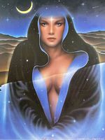Close-up front view showing the young woman draped in black and blue cloak with a crescent moon in the background.