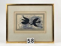 Full view of framed lithograph showing two birds, mat, and gold frame