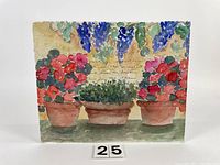 Full view of the watercolour painting showing flower pots, green bush, and blue hanging flowers with pencil text in the background.