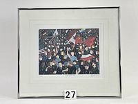 Framed watercolour print titled "Reconciliation" by M.H. Poirier showing a crowd scene with flags.