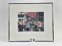 Framed watercolour print showing entire artwork with white mat and silver frame, standing upright with lot number in front.