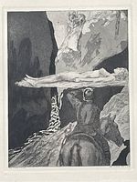 Frontal view of the etching in frame showing man on horseback and reclining female nude.