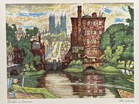 Front view of the colorful off-set engraved print depicting a summer cityscape including buildings, a river, bridge, and cathedral.