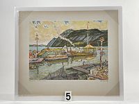 Full view of the framed off-set engraved print titled "Houseboats," showing the entire image with boats, docks, mountains, and water.