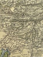 Close-up view of Afghanistan area on the antique map showing place names and mountain ridge details