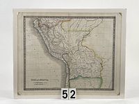 Full view of the early 1800s antique map of Peru and Bolivia showing entire geographic area and hand-coloured borders.