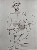 Full lithograph image showing harlequin seated playing guitar