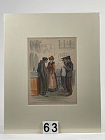 Full view of the lithograph mounted on acid-free mat white board with shrink wrap protecting it, showing four figures near a bar setting.