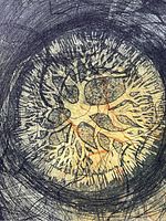 Close-up detail of the central circular organic pattern with dark and orange branching lines