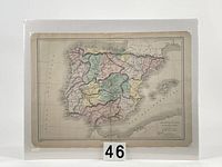 Full view of antique hand-coloured map of Spain and Portugal mounted on acid-free board and shrink-wrapped for protection.