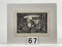 Original etching titled "BANKERS HOLIDAY" mounted on acid-free white board, shrink-wrapped for protection and display with photo corners visible on corners of the etching paper.