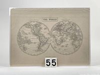 Front view of the entire antique world map showing Western and Eastern Hemispheres side by side in sepia tone with detailed country borders and lines of latitude and longitude.