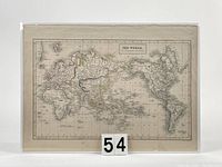 Full view of the antique world map, showing continents and seas in faded hand-colours on aged paper.