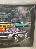 Full front view of the LED lighted photograph featuring classic cars and roller coaster background
