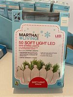 Front of a boxed Martha Stewart Living LED soft light mini string lights showing product details such as 50 soft light bulbs, 16 ft length, and warm white color