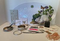 Michel Design Works Garden Bunny Platter with assorted miscellaneous jewelry including bracelets, earrings, and necklaces arranged in front.