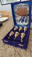 Photo of the open storage case showing six metal cordial glasses set inside with a fitted blue velvet interior and a metal tray behind them on the case lid.