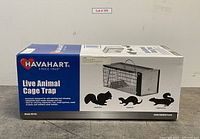 Box of Havahart Live Animal Cage Trap Model 0745. The box shows product information and images of small animals like squirrel, skunk, and chipmunk.