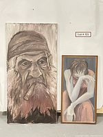 Two original portraits on canvas, one larger portrait of a man and a smaller portrait of a woman.