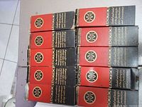 Photo of 10 Westinghouse Radiotron original boxes in black and red colors arranged in two rows.