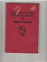 Front cover of the red spiral-bound stamp album labeled 'Stamps of Many Lands' with a globe illustration.
