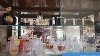 Front view of multiple perfume bottles displayed on glass shelves, showing various bottle shapes and sizes