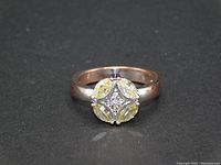 Front view of rose gold-colored ring showing circular cluster of 4 marquise-cut yellow and 4 clear brilliant-cut Cubic Zirconia stones in silver-toned setting.