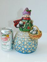 Front and side views of the snowman figure next to a Canada Dry diet ginger ale can for size comparison.
