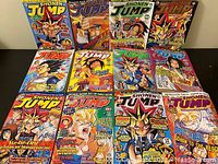 Full view of twelve Shonen Jump magazines from 2004 displayed on a surface showing front covers with colorful manga character illustrations.