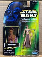 Front view of sealed vintage Star Wars Princess Leia Organa as Jabba's Prisoner figurine in original blister card packaging, showing character figurine, Star Wars logo, and Kenner brand.
