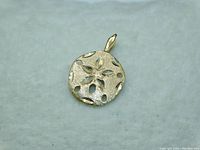 Front view of the 14 karat gold sand dollar pendant showing the detailed cut-out sand dollar design with brushed texture.