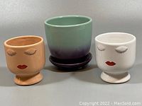 Front view of three small plant pots: two with face designs (white and orange) and one green-to-purple ombre pot with matching saucer.