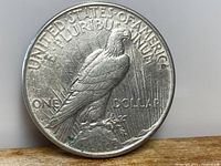 Back side of 1923 Peace Dollar silver coin showing eagle perched on rock with inscriptions.